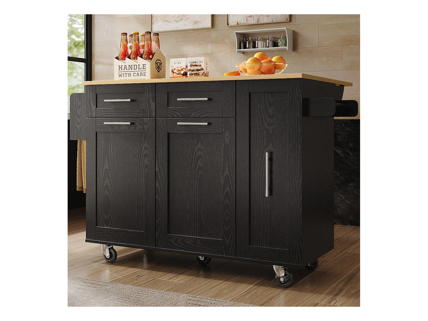 Ilot central de cuisine mobile avec 2 portes, 3 tiroirs et porte-serviettes - Plateau extensible - 134.5 x 46/74 x 90.5 cm - MDF - Noir