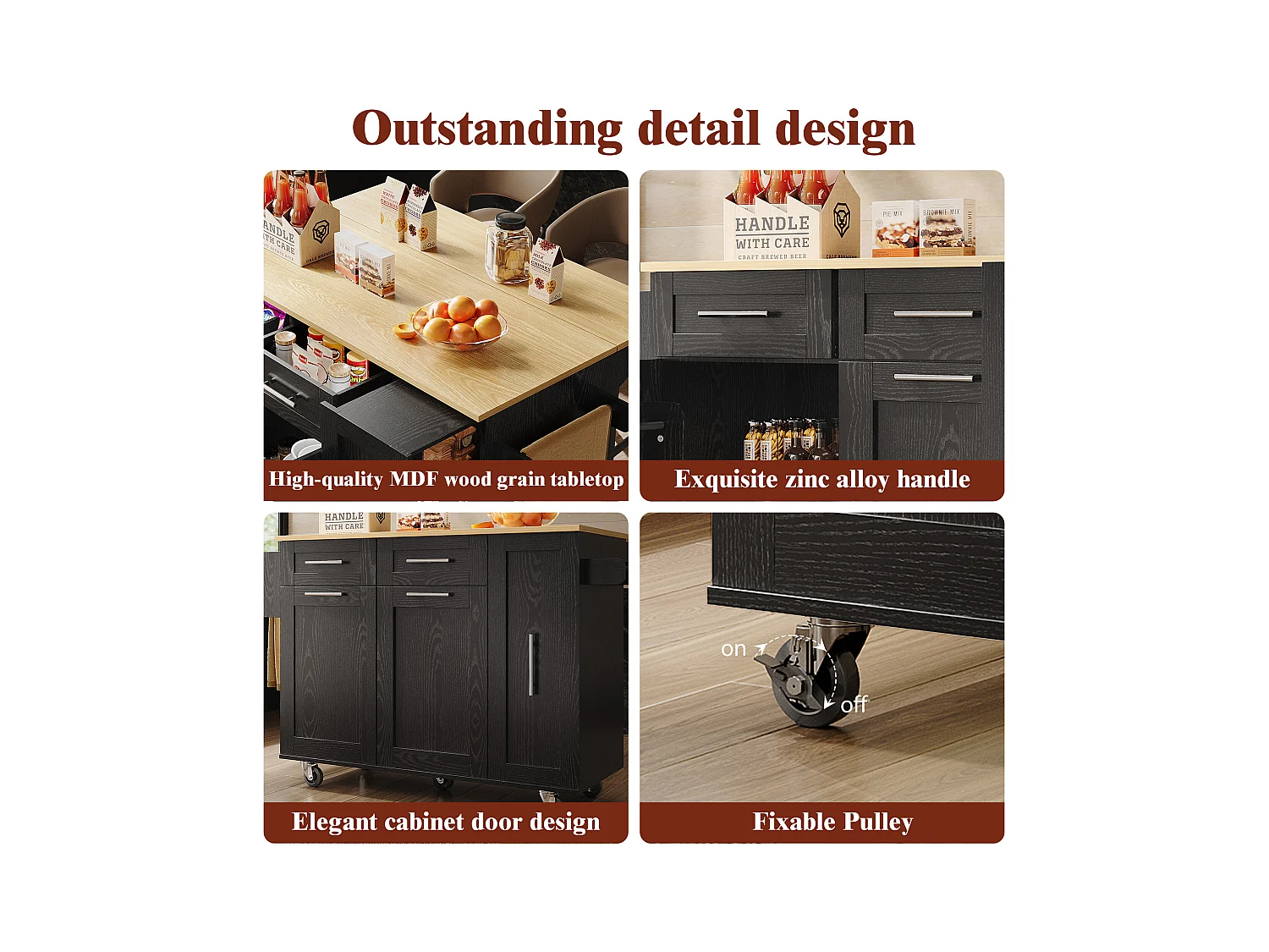 Ilot central de cuisine mobile avec 2 portes, 3 tiroirs et porte-serviettes - Plateau extensible - 134.5 x 46/74 x 90.5 cm - MDF - Noir