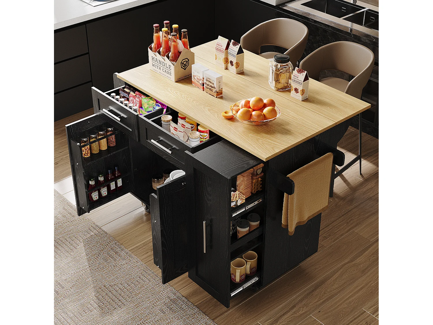 Ilot central de cuisine mobile avec 2 portes, 3 tiroirs et porte-serviettes - Plateau extensible - 134.5 x 46/74 x 90.5 cm - MDF - Noir