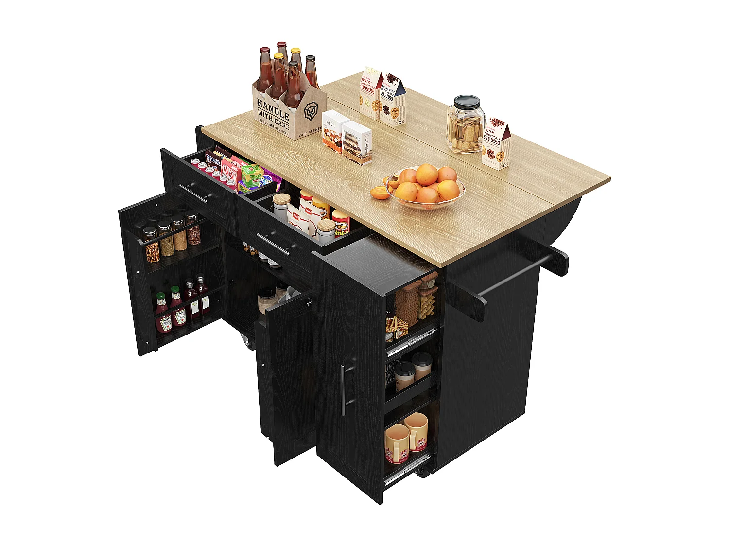 Ilot central de cuisine mobile avec 2 portes, 3 tiroirs et porte-serviettes - Plateau extensible - 134.5 x 46/74 x 90.5 cm - MDF - Noir