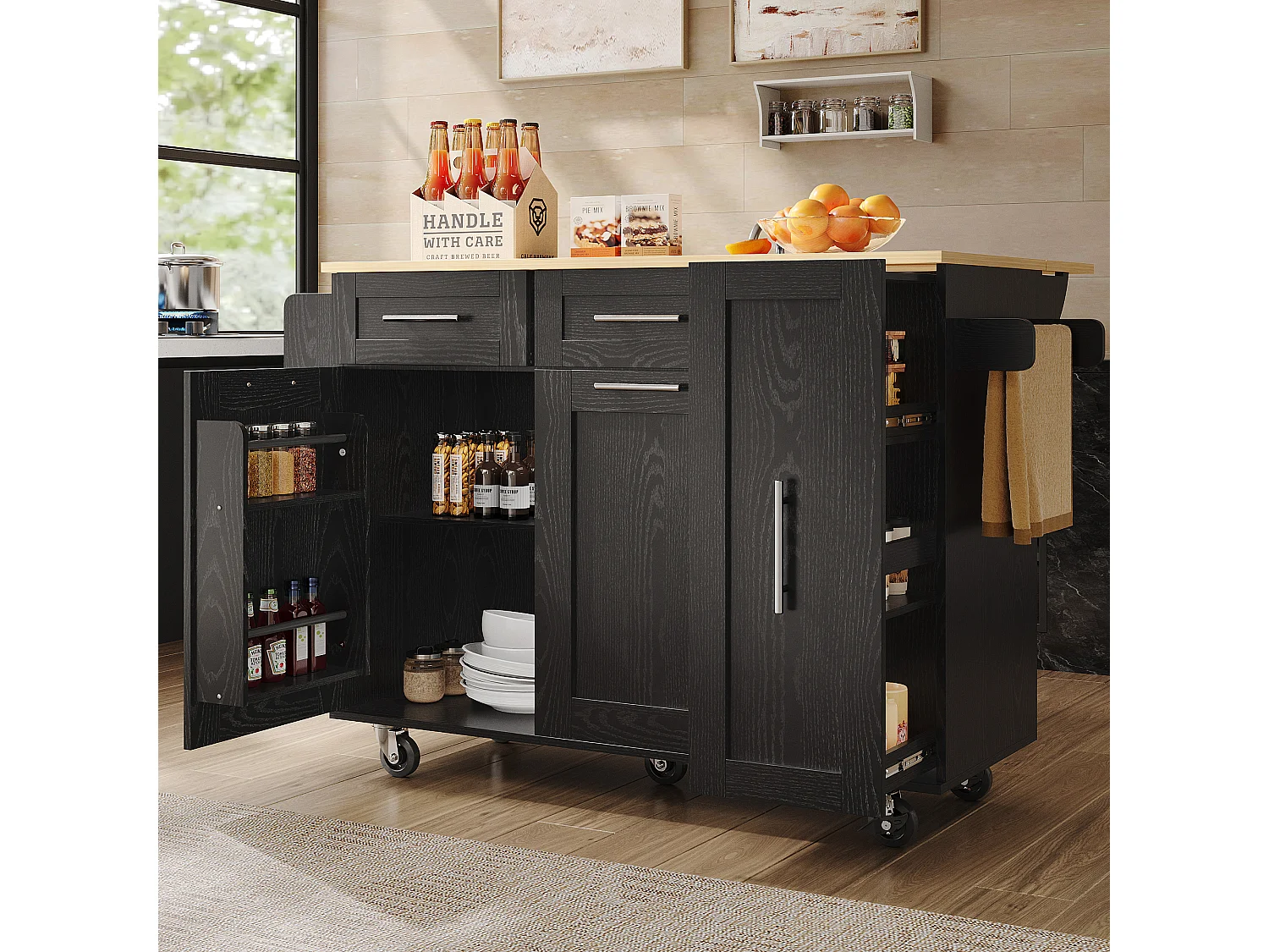 Ilot central de cuisine mobile avec 2 portes, 3 tiroirs et porte-serviettes - Plateau extensible - 134.5 x 46/74 x 90.5 cm - MDF - Noir