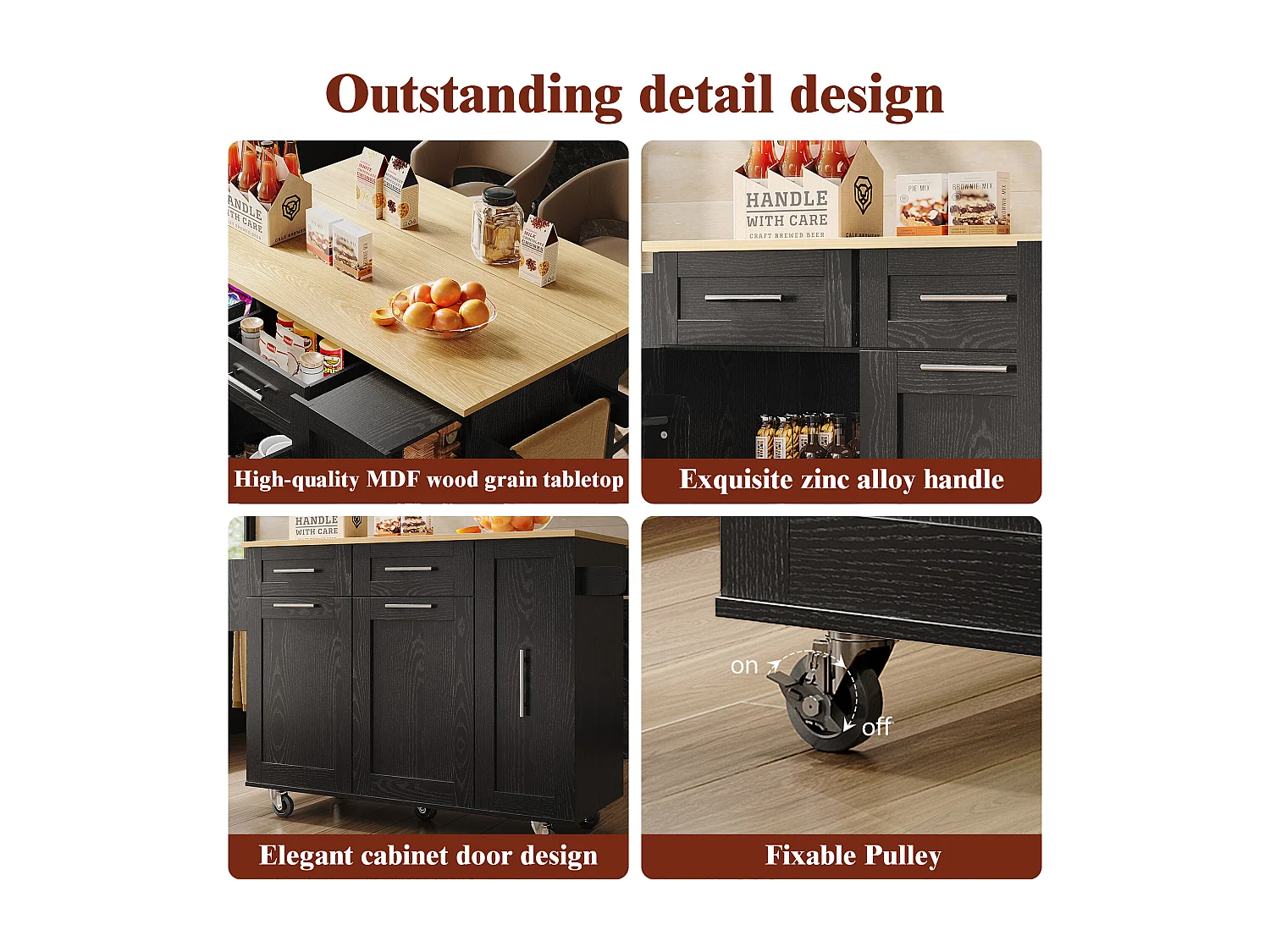 Ilot central de cuisine mobile avec 2 portes, 3 tiroirs et porte-serviettes - Plateau extensible - 134.5 x 46/74 x 90.5 cm - MDF - Noir