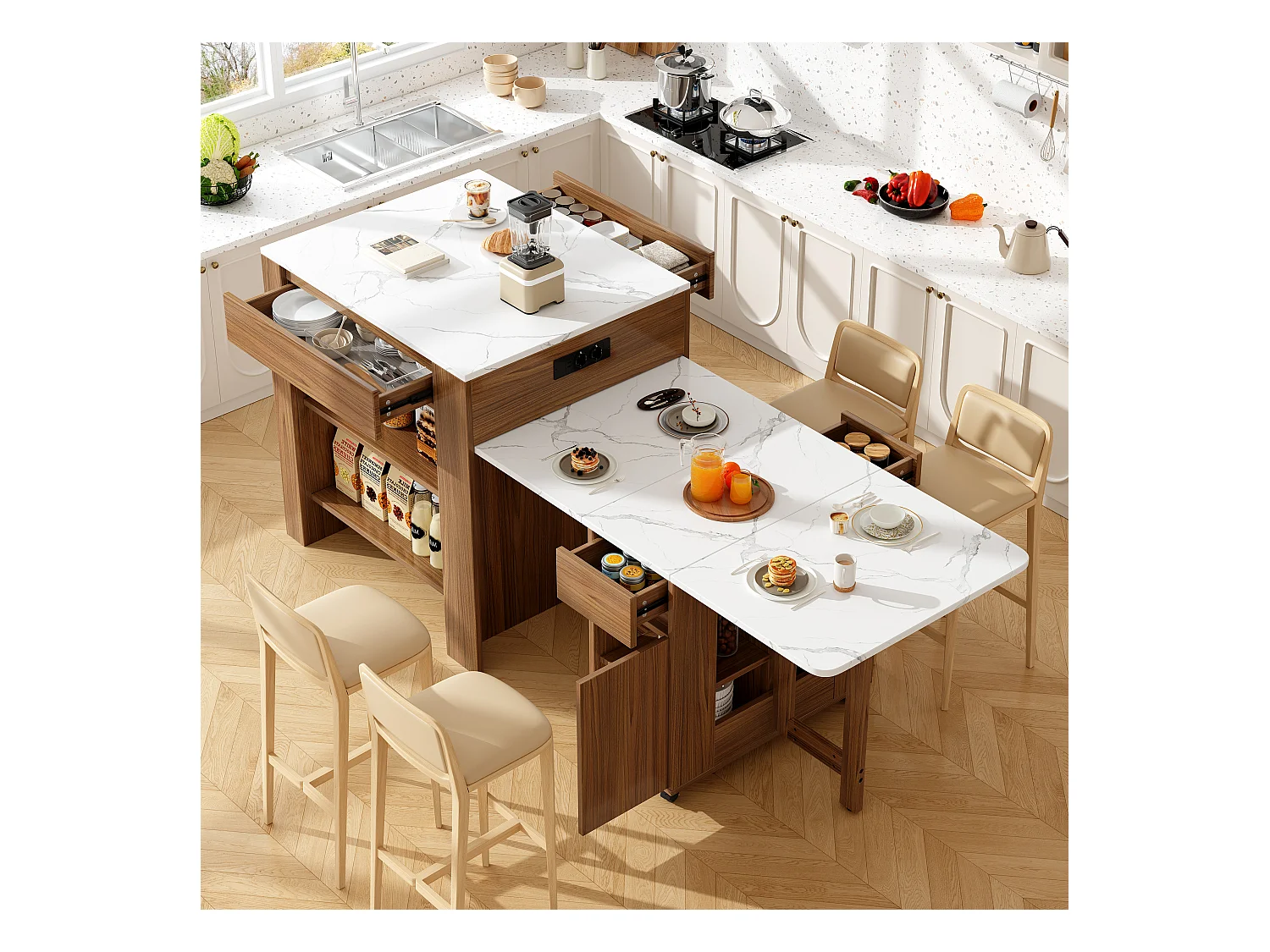 Mobiel keukeneiland met 2 lades, 2 deuren en opbergplanken - 211x55x89,5 cm - MDF - Zwart + Wit