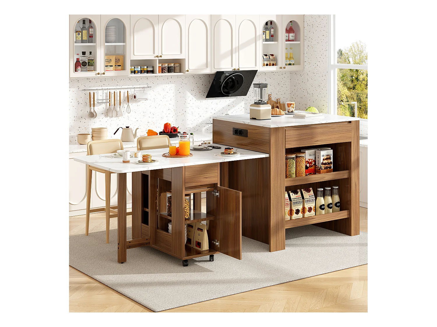 Mobiel keukeneiland met 2 lades, 2 deuren en opbergplanken - 211x55x89,5 cm - MDF - Zwart + Wit