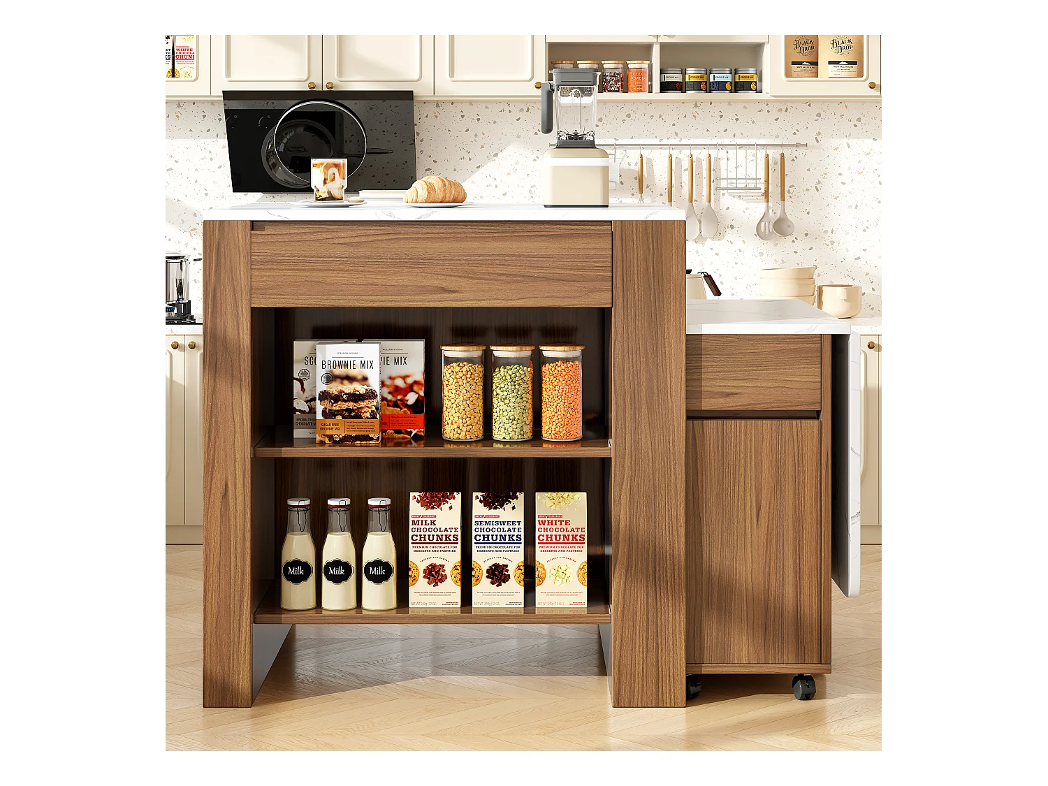 Mobiel keukeneiland met 2 lades, 2 deuren en opbergplanken - 211x55x89,5 cm - MDF - Zwart + Wit