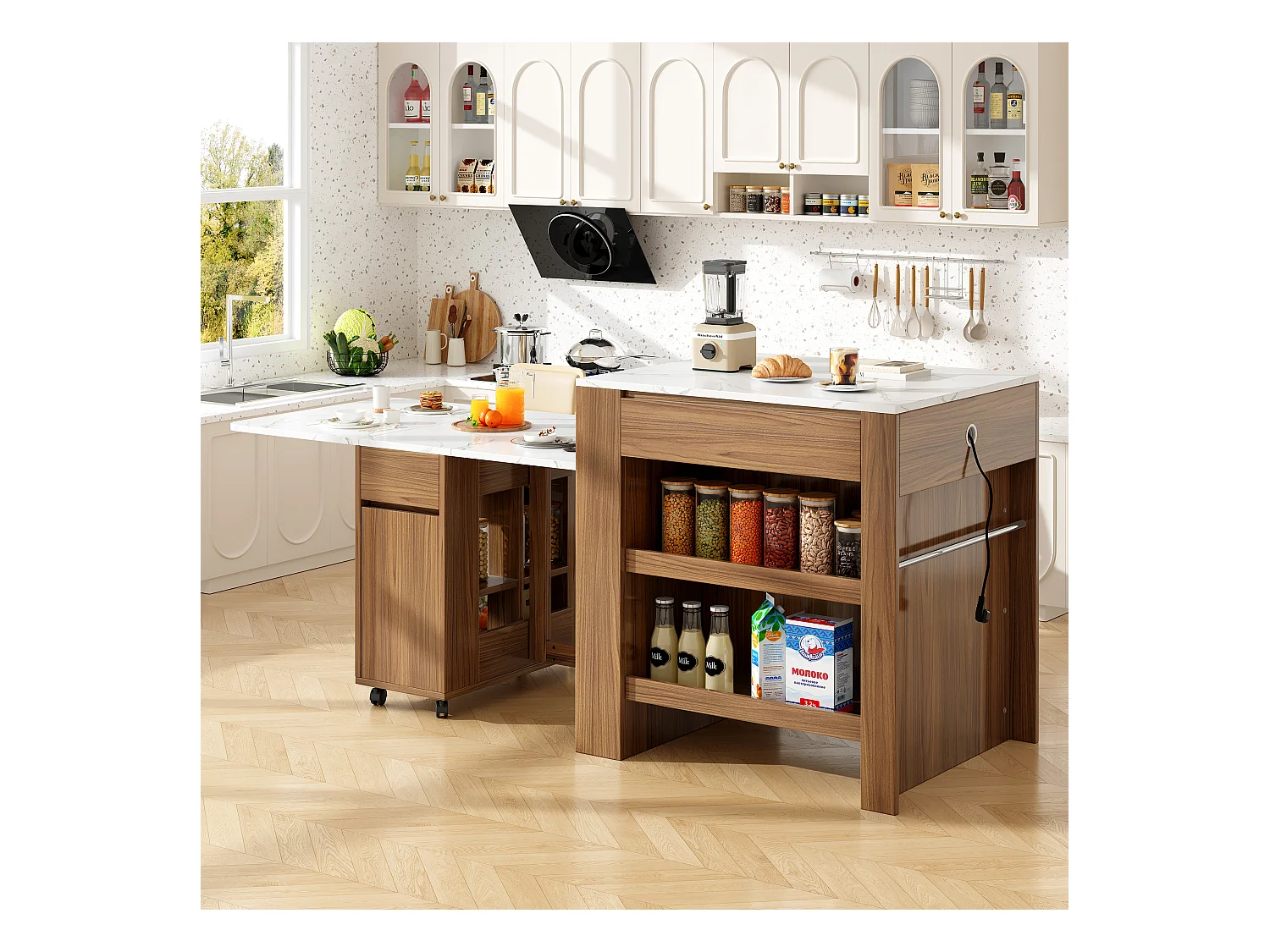 Mobiel keukeneiland met 2 lades, 2 deuren en opbergplanken - 211x55x89,5 cm - MDF - Zwart + Wit