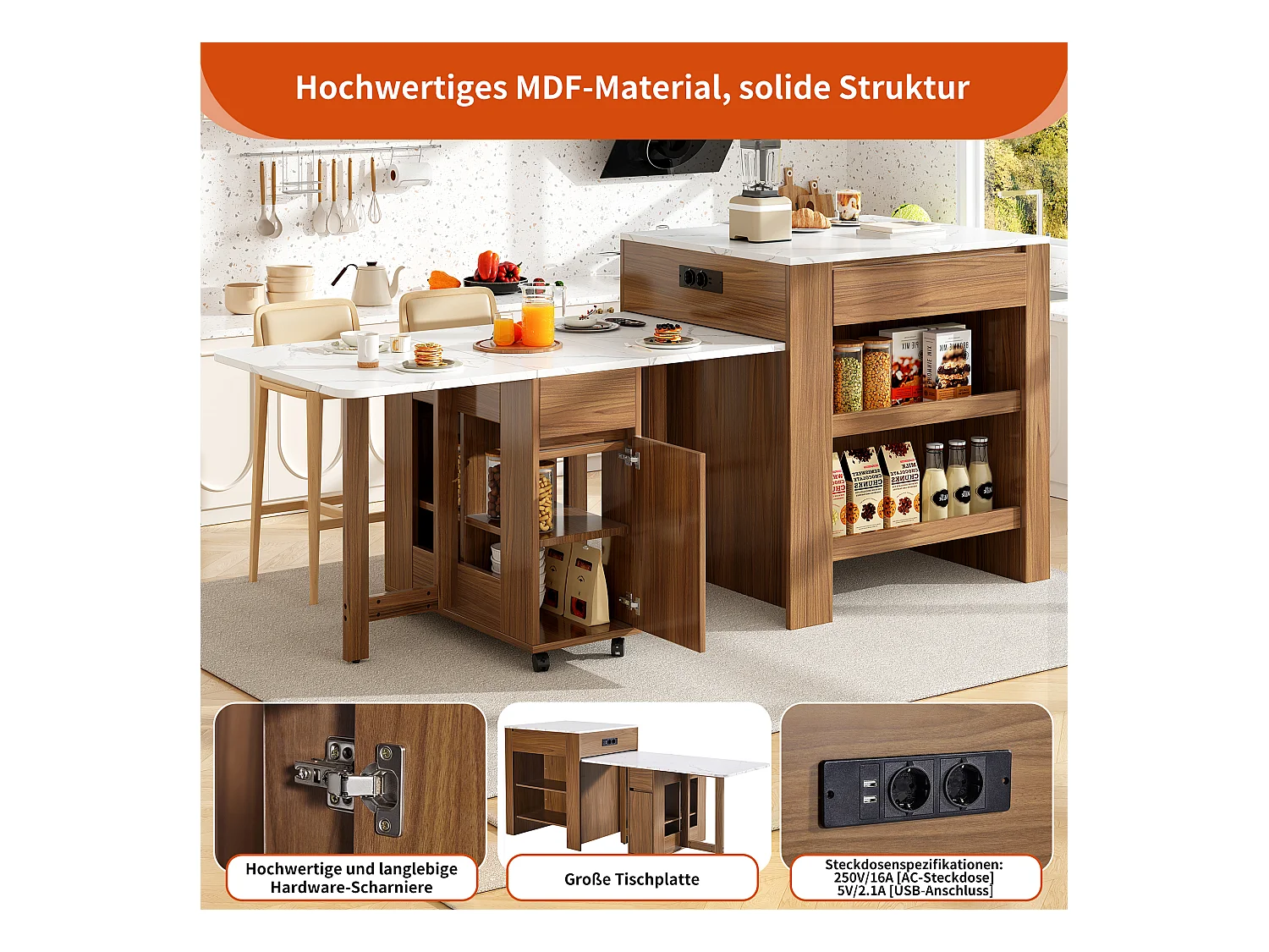 Mobiel keukeneiland met 2 lades, 2 deuren en opbergplanken - 211x55x89,5 cm - MDF - Zwart + Wit