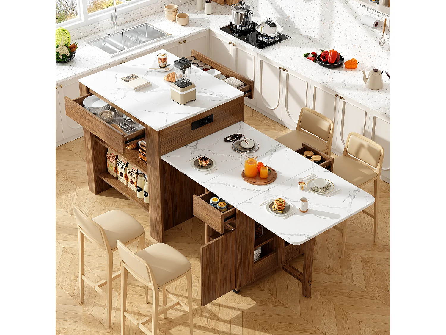 Ilot central de cuisine avec table à manger pliable - 2 tiroirs, 2 portes et 2 étagères - 110/124 x 78 x 97.5 cm - MDF - Marron