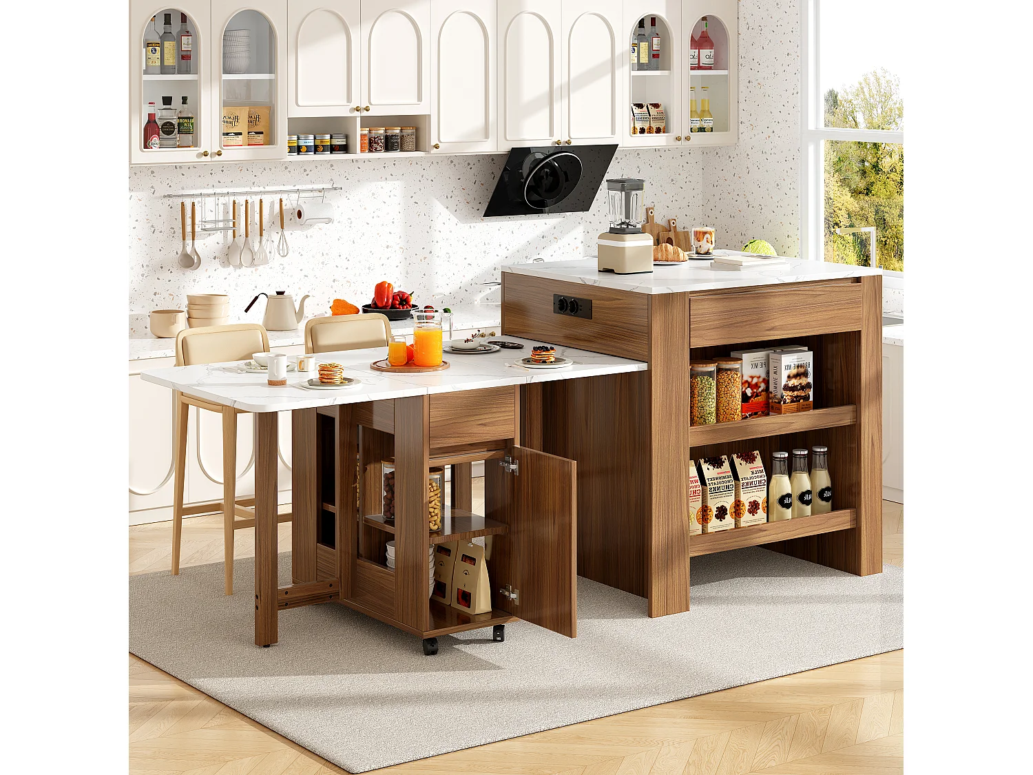 Ilot central de cuisine avec table à manger pliable - 2 tiroirs, 2 portes et 2 étagères - 110/124 x 78 x 97.5 cm - MDF - Marron