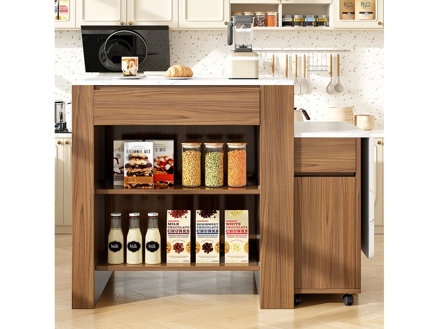 Ilot central de cuisine avec table à manger pliable - 2 tiroirs, 2 portes et 2 étagères - 110/124 x 78 x 97.5 cm - MDF - Marron