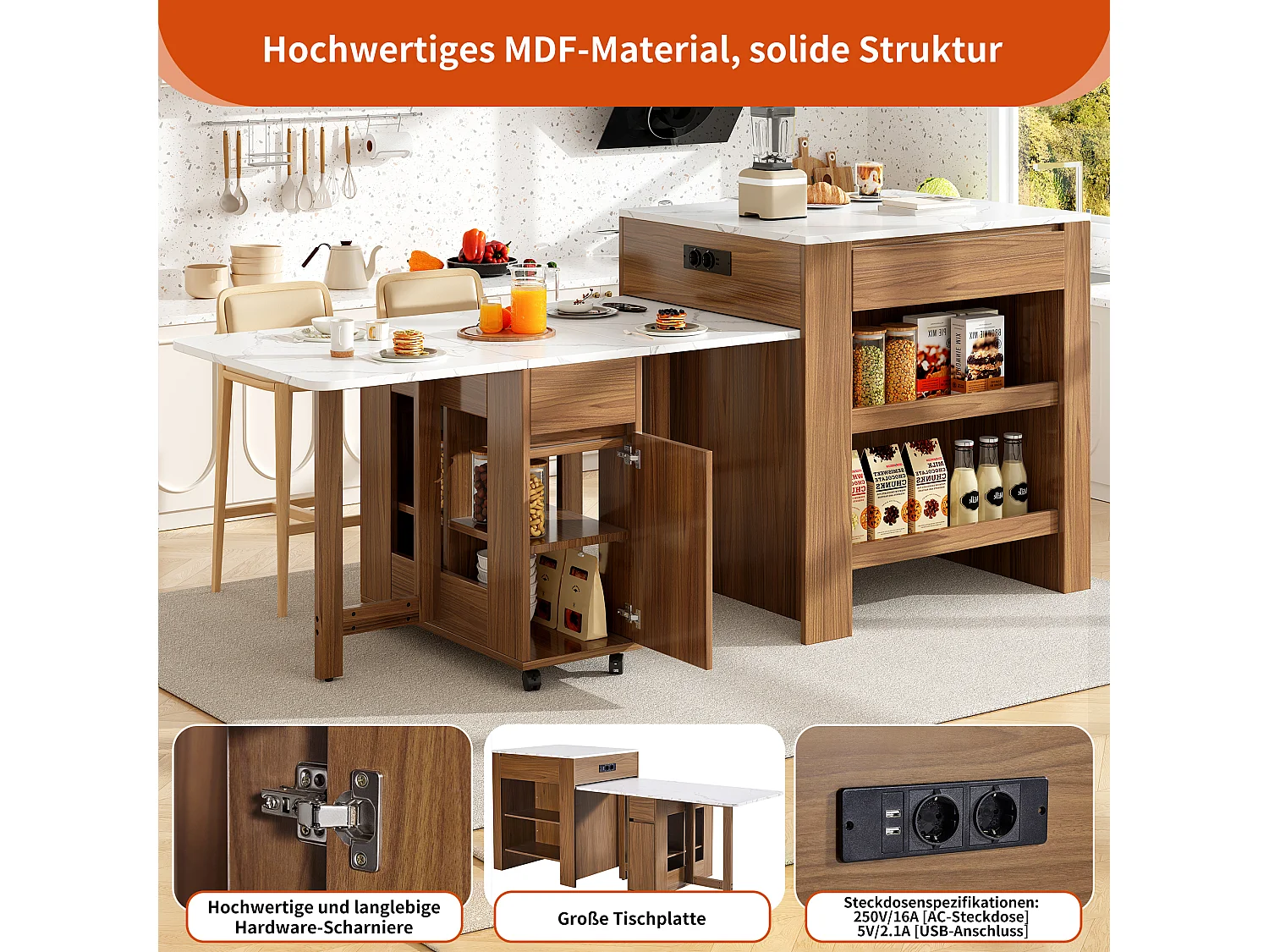 Ilot central de cuisine avec table à manger pliable - 2 tiroirs, 2 portes et 2 étagères - 110/124 x 78 x 97.5 cm - MDF - Marron