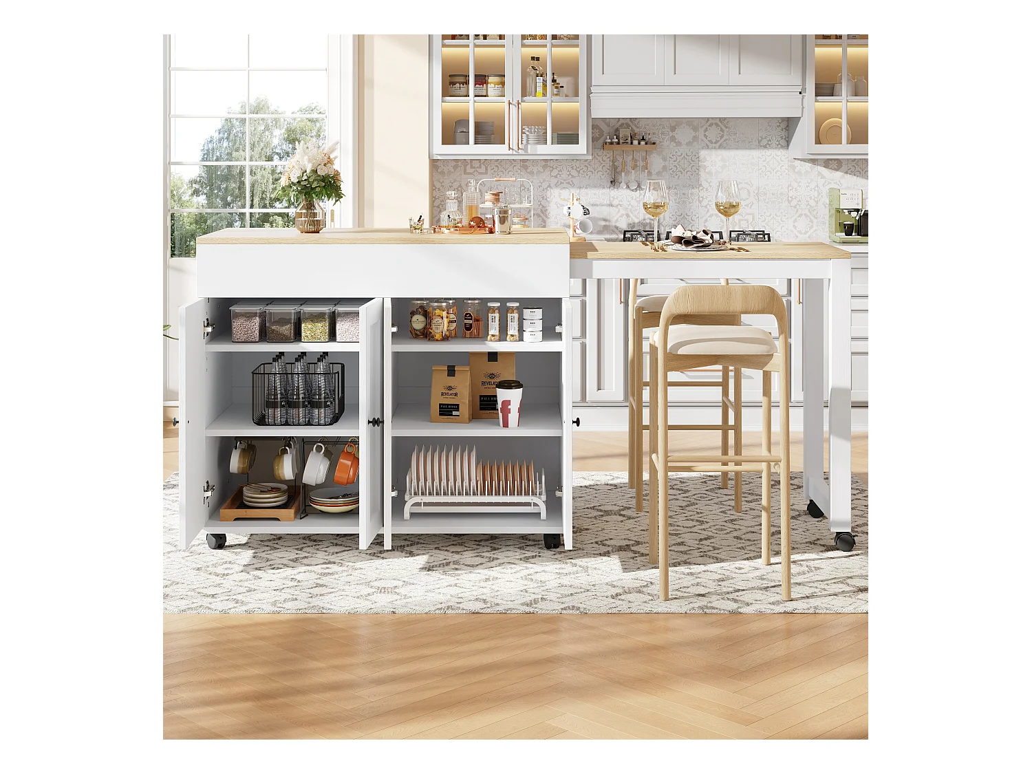 Mobiel keukeneiland met 2 lades, 2 deuren en opbergplanken - 211x55x89,5 cm - MDF - Zwart + Wit