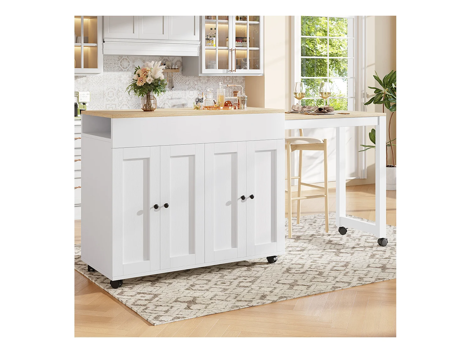 Mobiel keukeneiland met 2 lades, 2 deuren en opbergplanken - 211x55x89,5 cm - MDF - Zwart + Wit