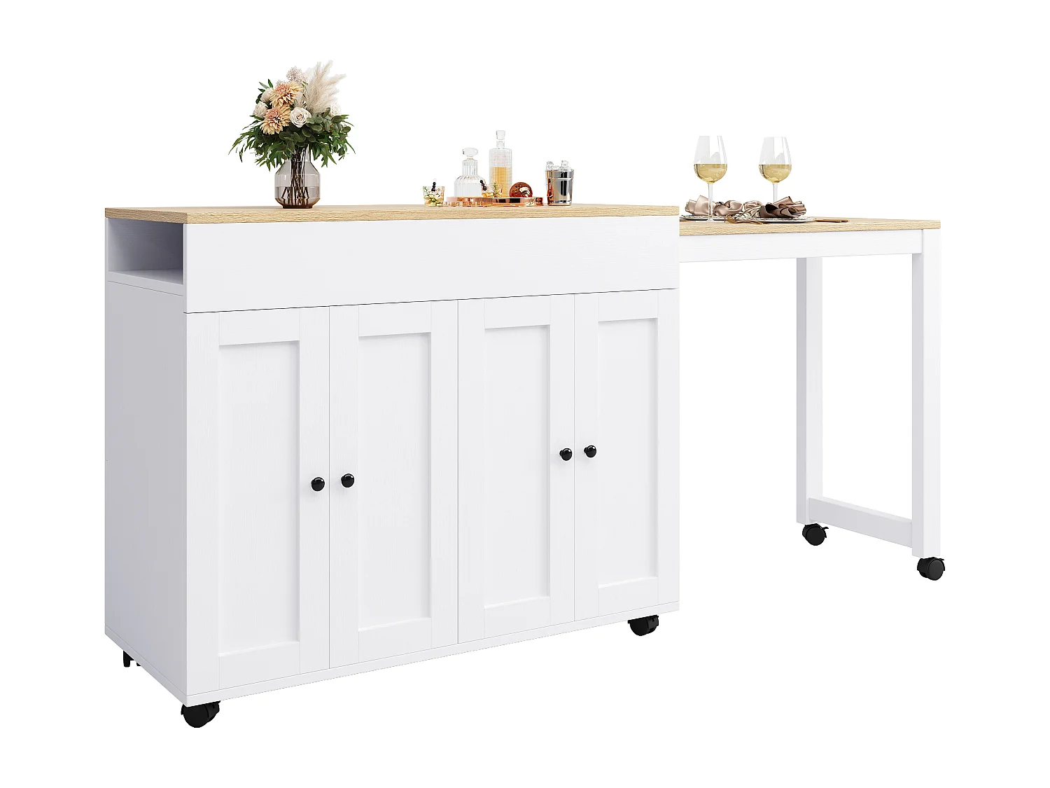 Mobiel keukeneiland met 2 lades, 2 deuren en opbergplanken - 211x55x89,5 cm - MDF - Zwart + Wit