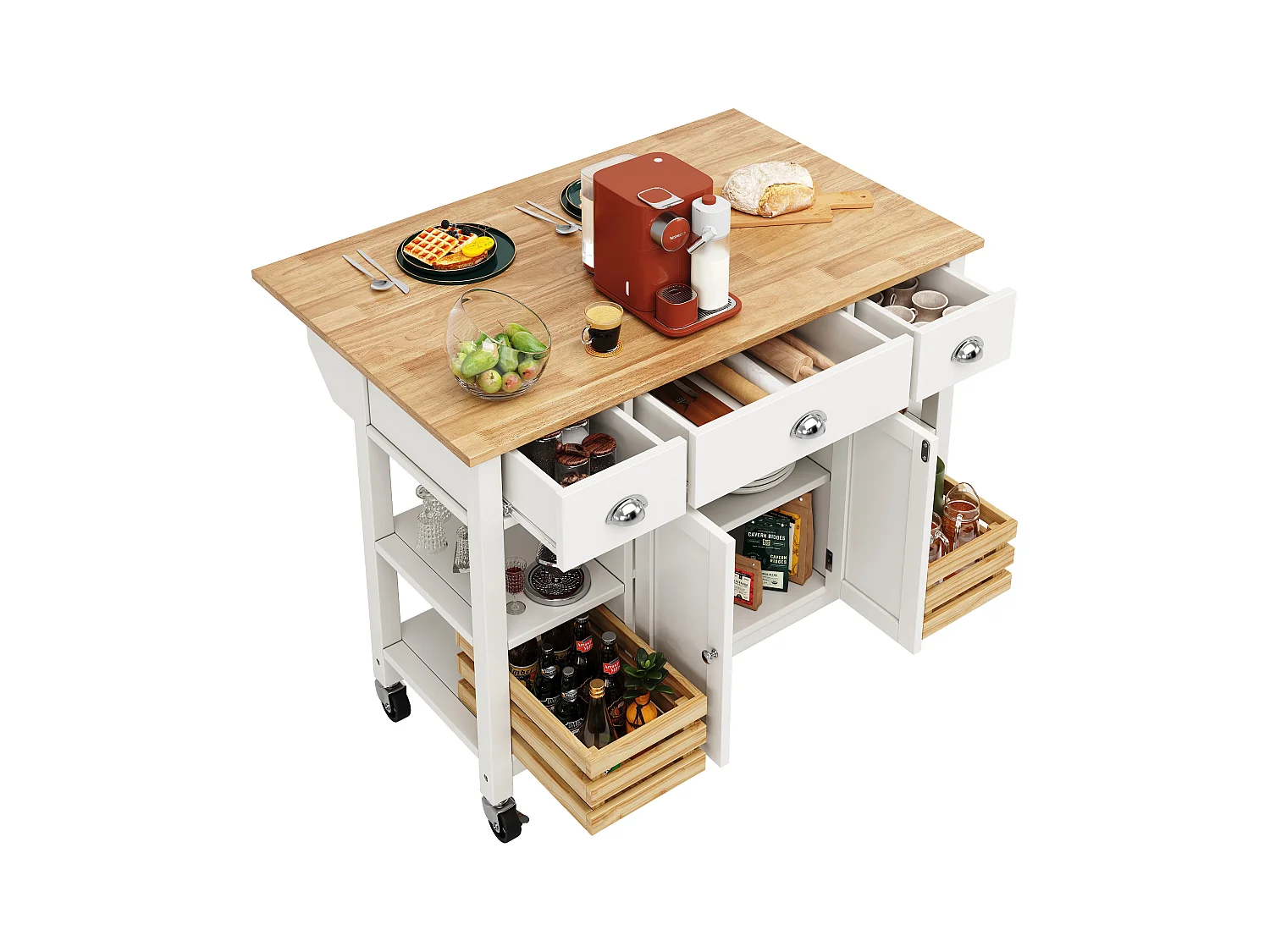 Ilot central de cuisine mobile avec 3 tiroirs, 2 portes et panier de rangement - plateau extensible - 120 x 45/73 x 90 cm - Bois MDF - Blanc