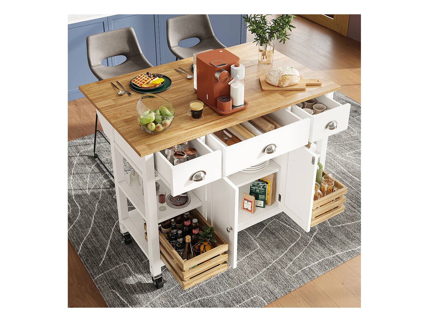 Ilot central de cuisine mobile avec 3 tiroirs, 2 portes et panier de rangement - plateau extensible - 120 x 45/73 x 90 cm - Bois MDF - Blanc