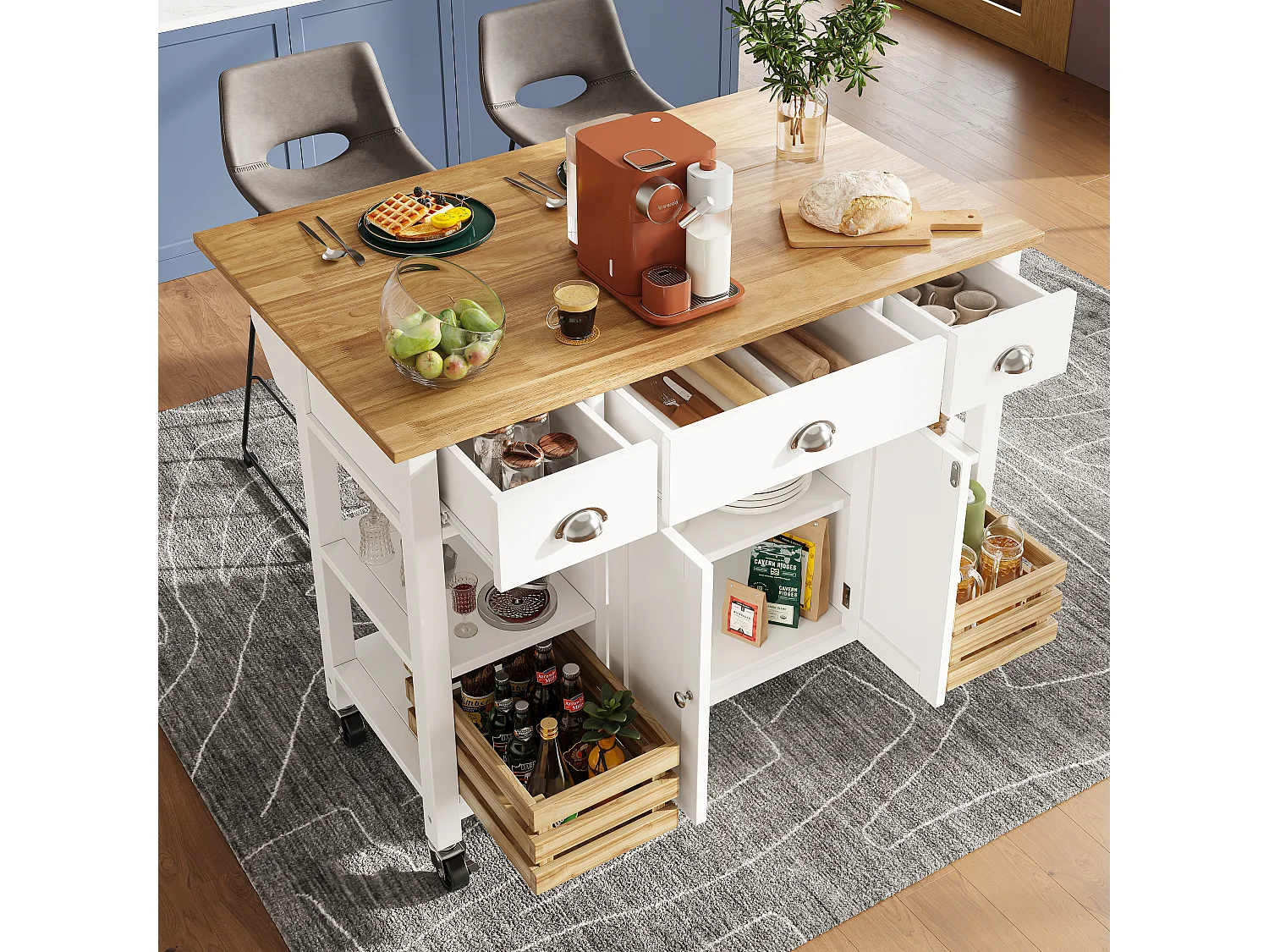 Ilot central de cuisine mobile avec 3 tiroirs, 2 portes et panier de rangement - plateau extensible - 120 x 45/73 x 90 cm - Bois MDF - Blanc
