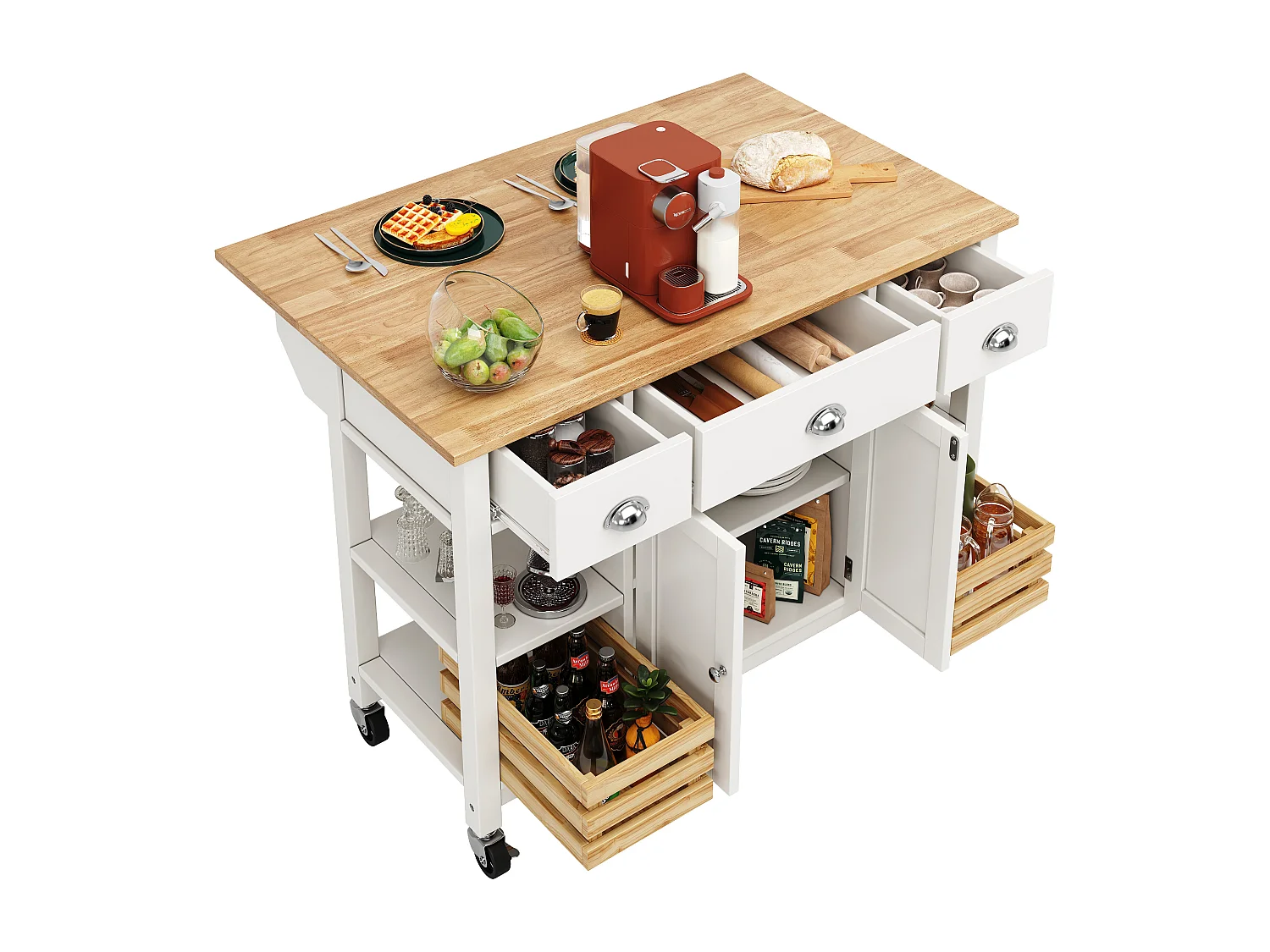 Ilot central de cuisine mobile avec 3 tiroirs, 2 portes et panier de rangement - plateau extensible - 120 x 45/73 x 90 cm - Bois MDF - Blanc