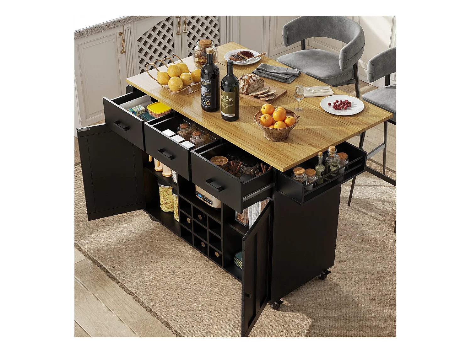 Ilot central de cuisine mobile avec 2 portes, 3 tiroirs et casier à vin 9 bouteuills - Plateau extensible - 124 x 40/65 x 91.5 cm - MDF - Noir