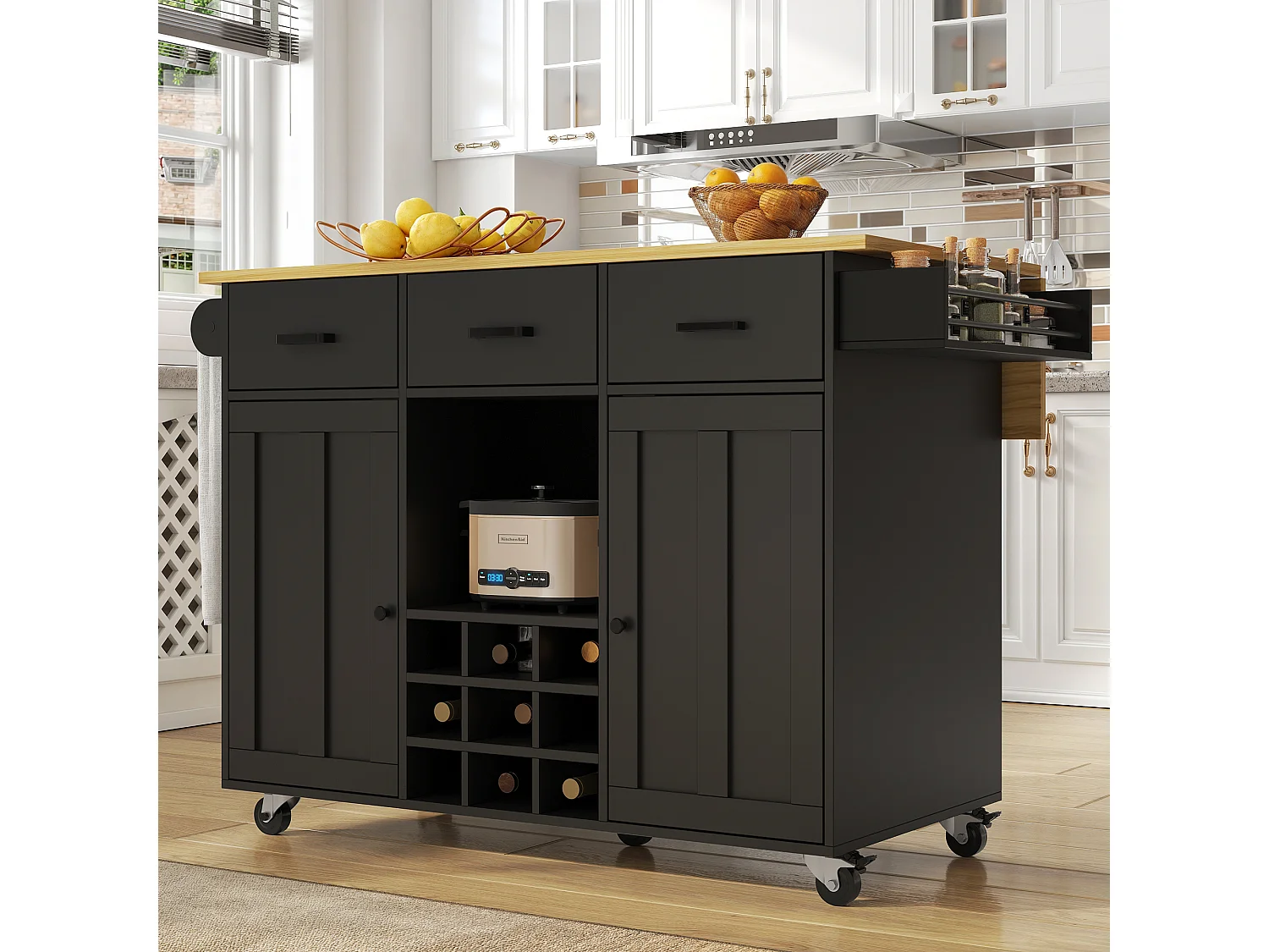 Isla de cocina móvil con 2 puertas, 3 cajones y botellero para 9 botellas - Tablero extensible - 124 x 40/65 x 91,5 cm - MDF - Negro