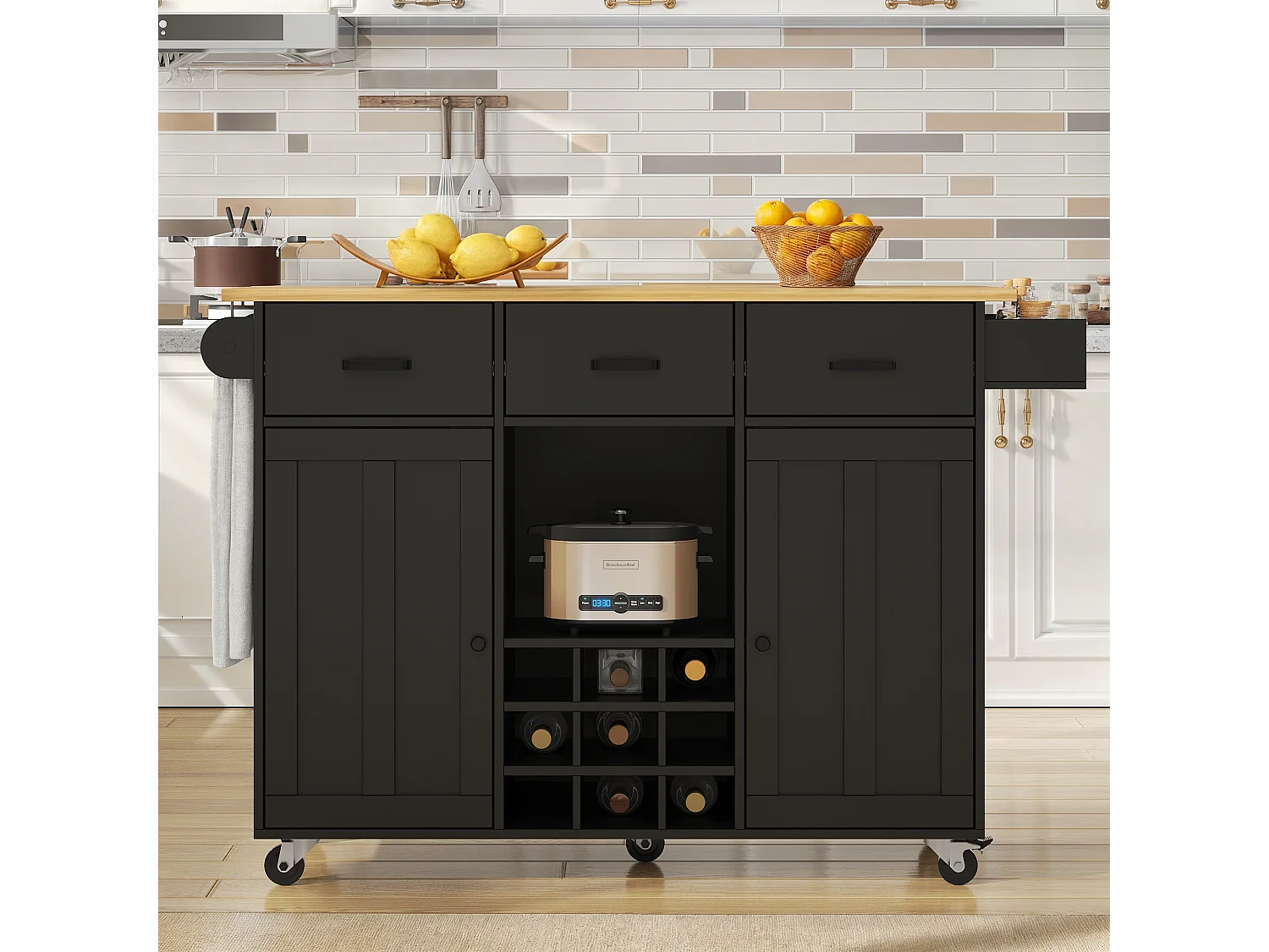 Isla de cocina móvil con 2 puertas, 3 cajones y botellero para 9 botellas - Tablero extensible - 124 x 40/65 x 91,5 cm - MDF - Negro