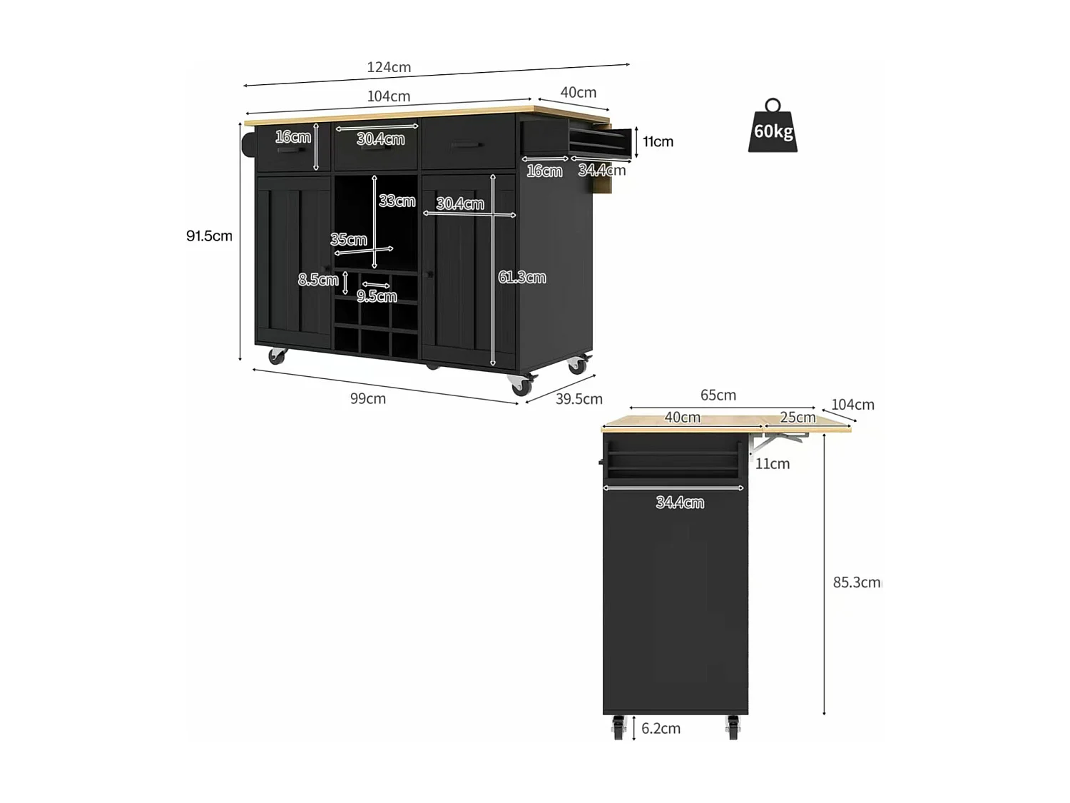 Isla de cocina móvil con 2 puertas, 3 cajones y botellero para 9 botellas - Tablero extensible - 124 x 40/65 x 91,5 cm - MDF - Negro