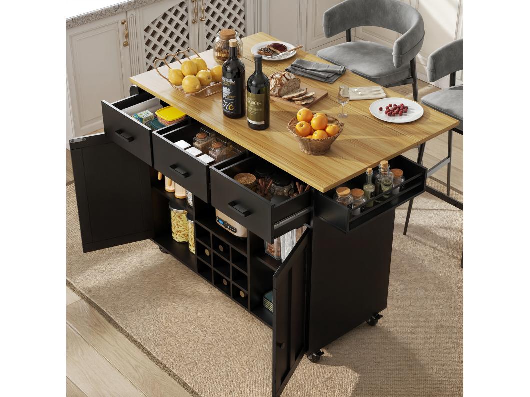 Mobiel keukeneiland met 2 lades, 2 deuren en opbergplanken - 211x55x89,5 cm - MDF - Zwart + Wit