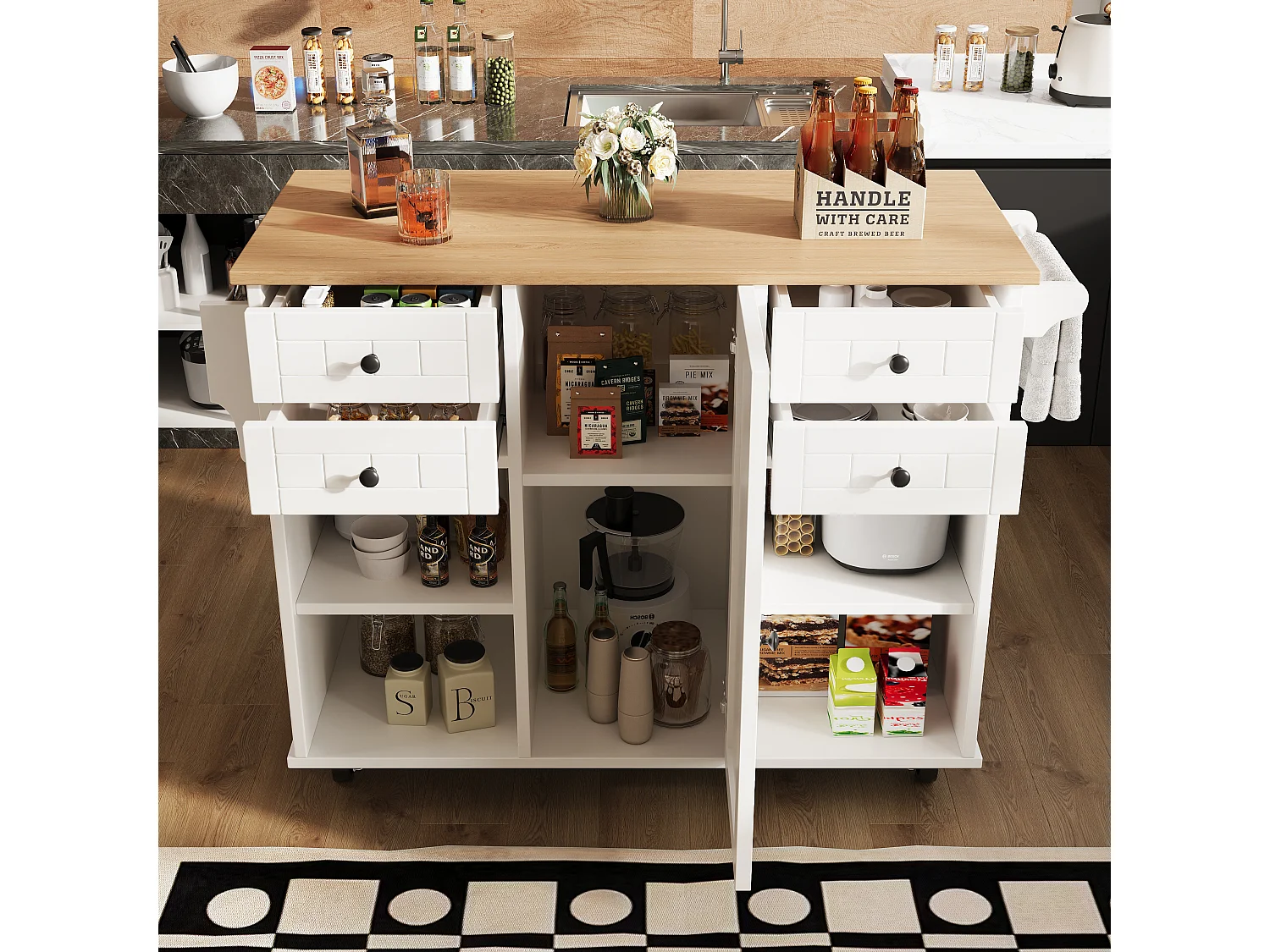 Ilot central de cuisine mobile avec 4 tiroirs, 1 porte et étagères de rangement - 127 x 46 x 91.5 cm - MDF et métal - Blanc