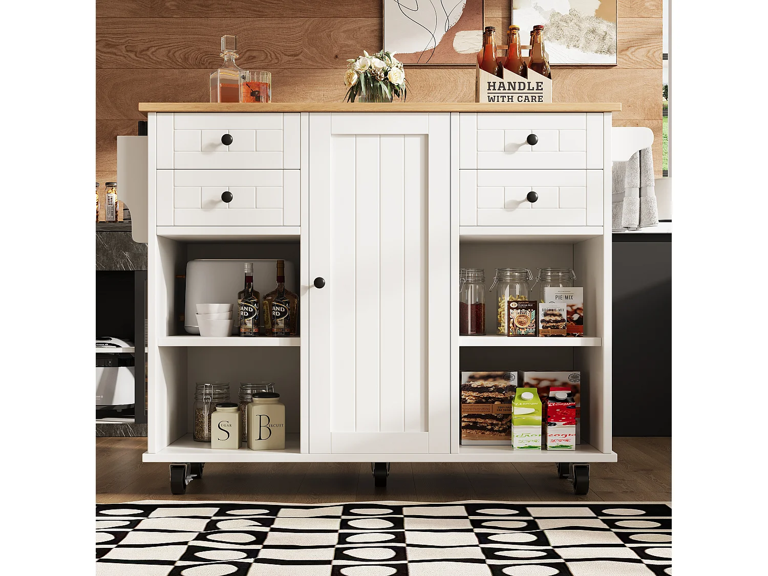 Ilot central de cuisine mobile avec 4 tiroirs, 1 porte et étagères de rangement - 127 x 46 x 91.5 cm - MDF et métal - Blanc