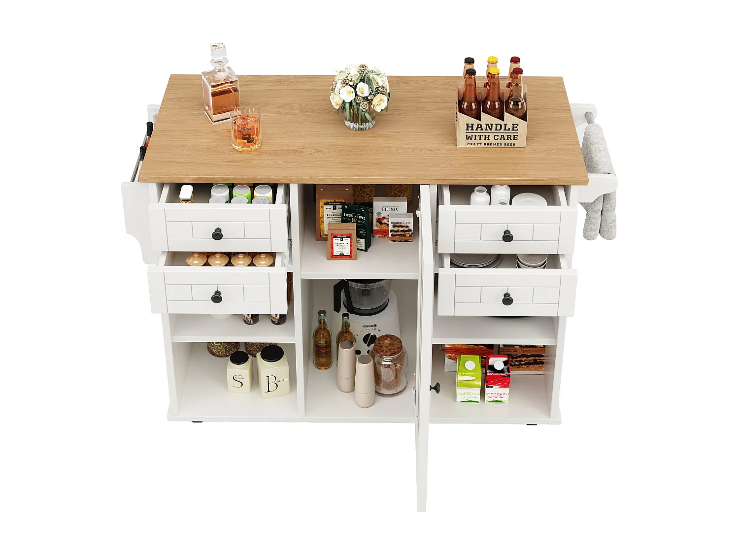 Ilot central de cuisine mobile avec 4 tiroirs, 1 porte et étagères de rangement - 127 x 46 x 91.5 cm - MDF et métal - Blanc