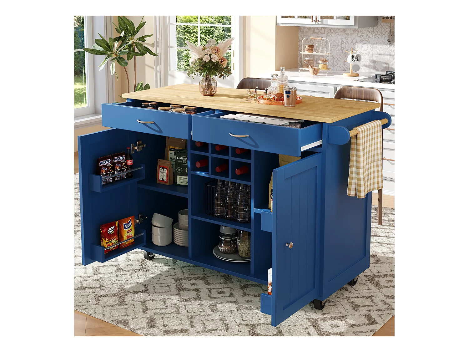 Mobilna wyspa kuchenna z 2 szufladami, 2 drzwiami i stojakiem na 6 butelek wina - 102x45x92cm - MDF i metal - Niebieski