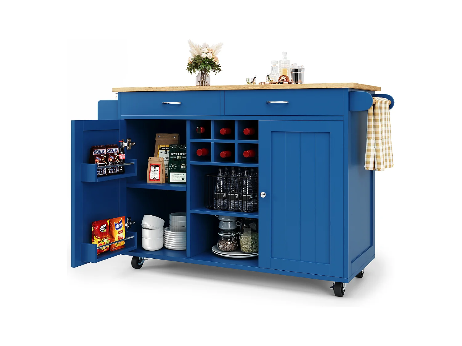 Mobilna wyspa kuchenna z 2 szufladami, 2 drzwiami i stojakiem na 6 butelek wina - 102x45x92cm - MDF i metal - Niebieski