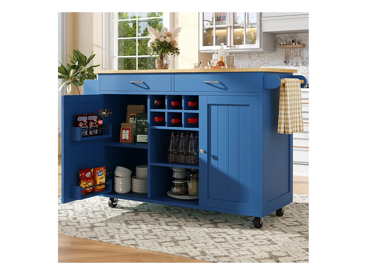 Mobilna wyspa kuchenna z 2 szufladami, 2 drzwiami i stojakiem na 6 butelek wina - 102x45x92cm - MDF i metal - Niebieski