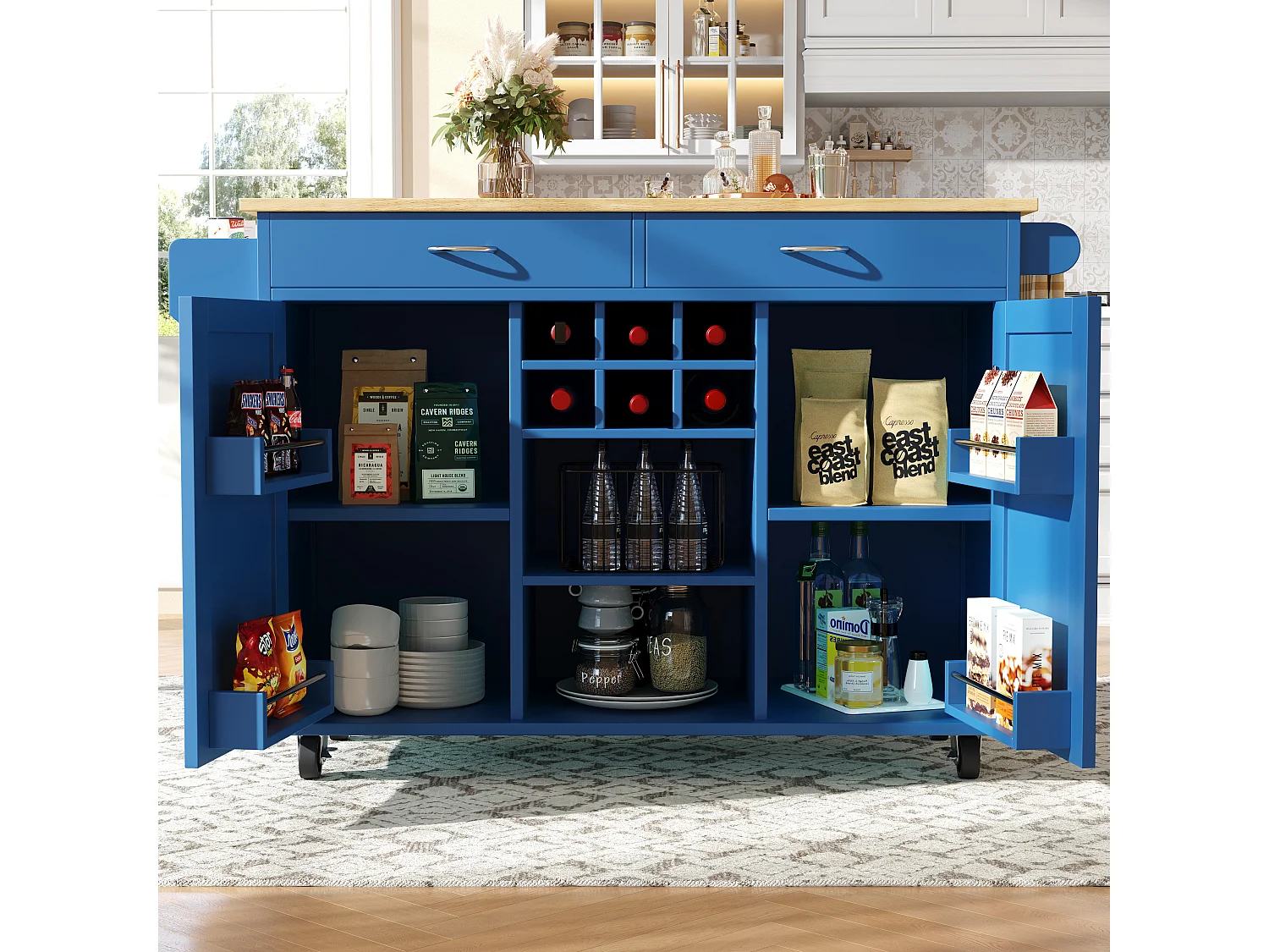 Mobiel keukeneiland met 2 lades, 2 deuren en opbergplanken - 211x55x89,5 cm - MDF - Zwart + Wit