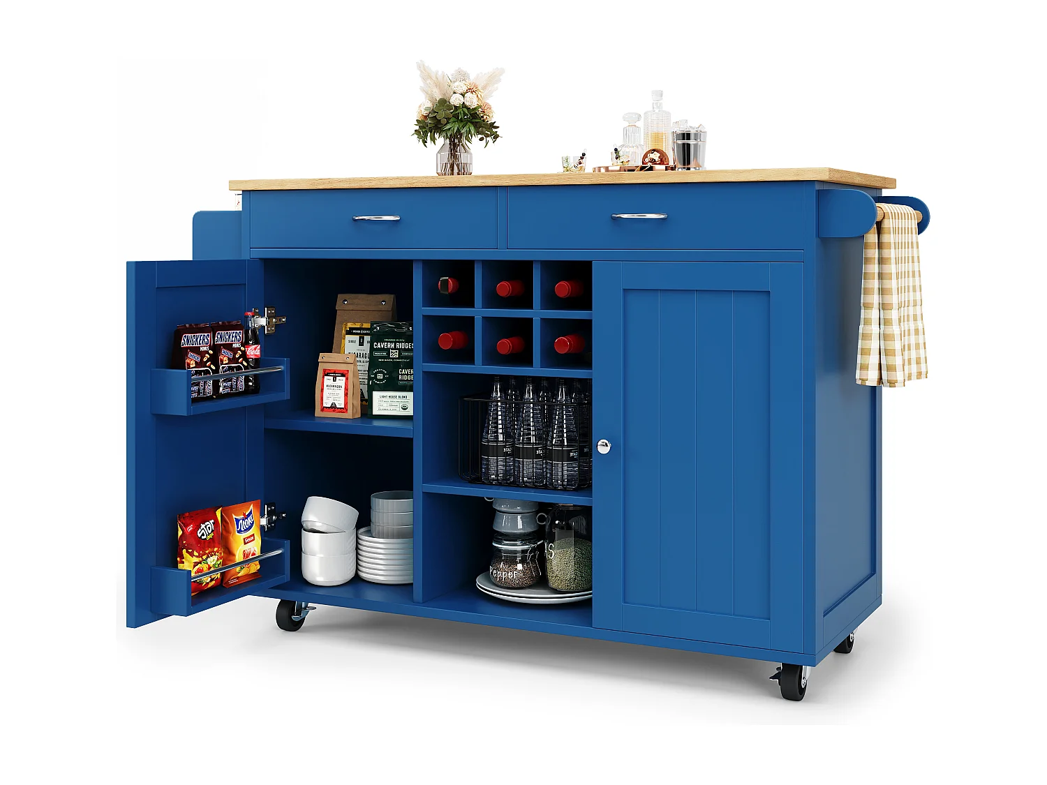 Mobiel keukeneiland met 2 lades, 2 deuren en opbergplanken - 211x55x89,5 cm - MDF - Zwart + Wit