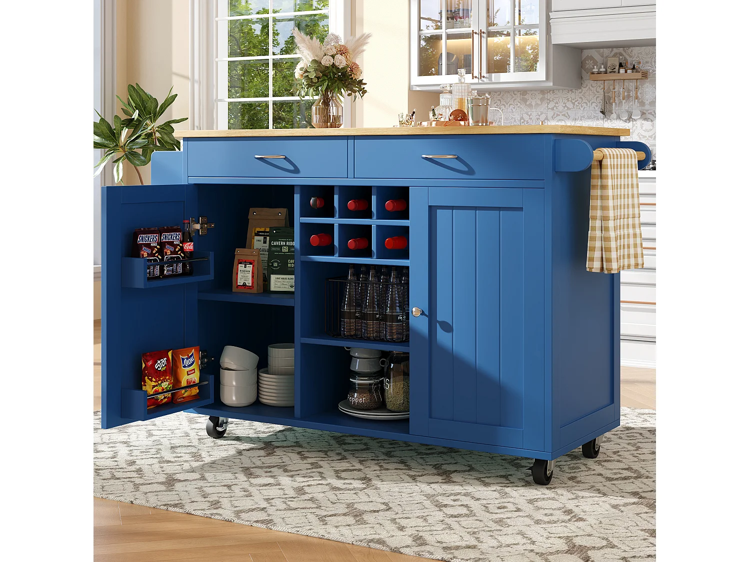 Mobiel keukeneiland met 2 lades, 2 deuren en opbergplanken - 211x55x89,5 cm - MDF - Zwart + Wit