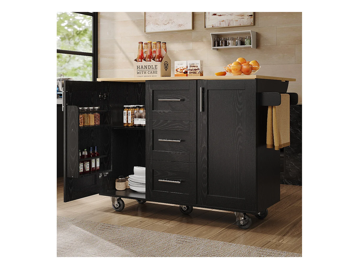 Ilot central de cuisine mobile avec 2 portes, 3 tiroirs et porte-serviettes - Plateau extensible - 134.5 x 46/74 x 90.8 cm - MDF - Noir