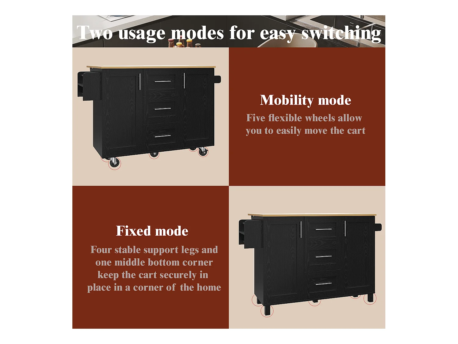 Ilot central de cuisine mobile avec 2 portes, 3 tiroirs et porte-serviettes - Plateau extensible - 134.5 x 46/74 x 90.8 cm - MDF - Noir