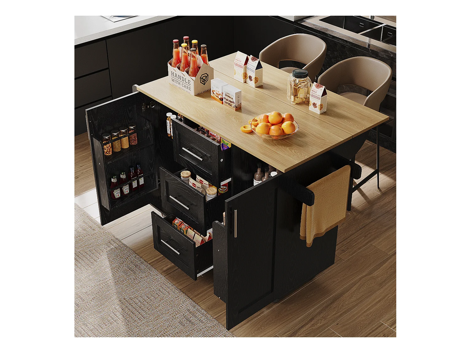 Ilot central de cuisine mobile avec 2 portes, 3 tiroirs et porte-serviettes - Plateau extensible - 134.5 x 46/74 x 90.8 cm - MDF - Noir