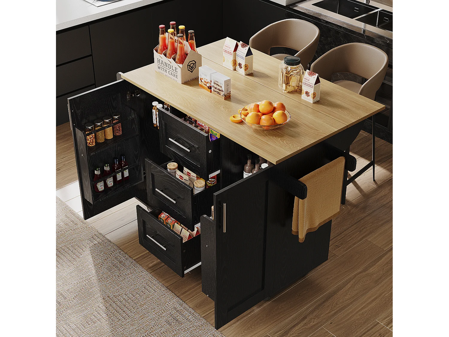 Isla de cocina móvil con 2 puertas, 3 cajones y toallero - Tablero extensible - 134,5 x 46/74 x 90,8 cm - MDF - Negro