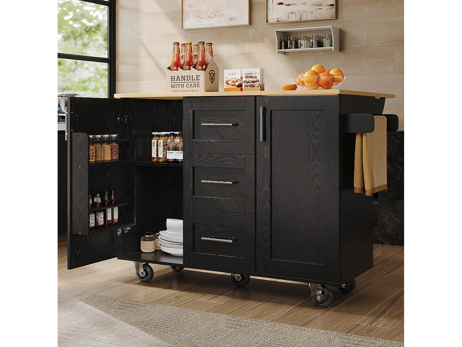 Isla de cocina móvil con 2 puertas, 3 cajones y toallero - Tablero extensible - 134,5 x 46/74 x 90,8 cm - MDF - Negro