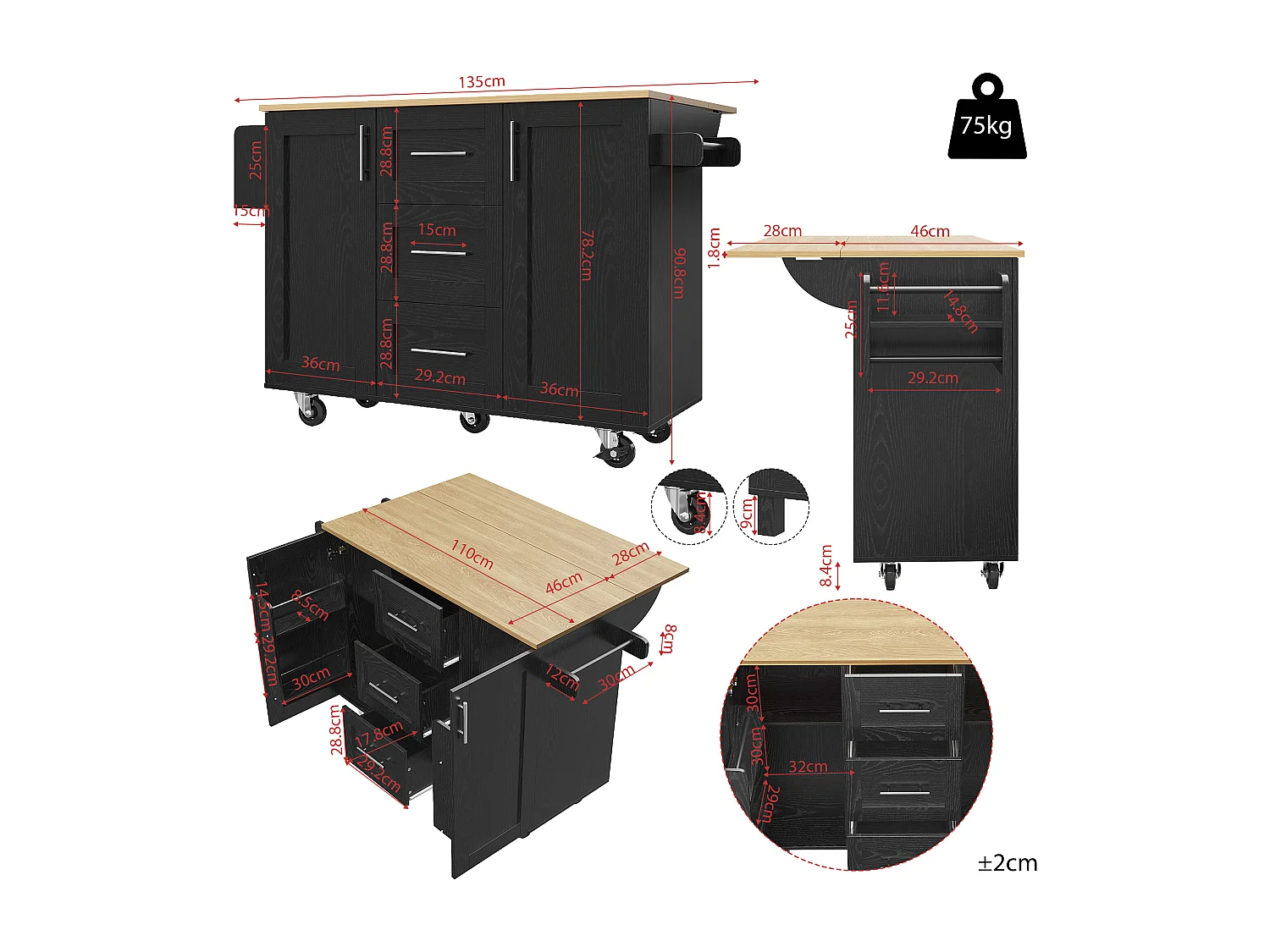 Isla de cocina móvil con 2 puertas, 3 cajones y toallero - Tablero extensible - 134,5 x 46/74 x 90,8 cm - MDF - Negro