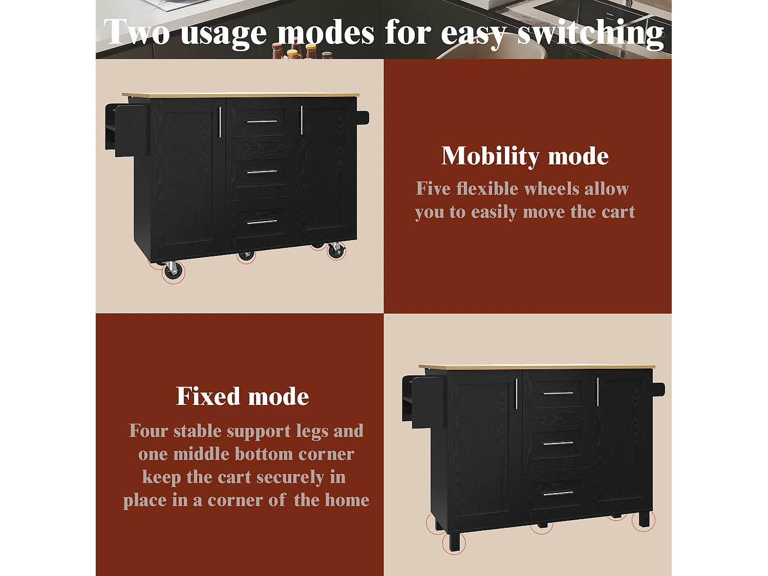 Isla de cocina móvil con 2 puertas, 3 cajones y toallero - Tablero extensible - 134,5 x 46/74 x 90,8 cm - MDF - Negro