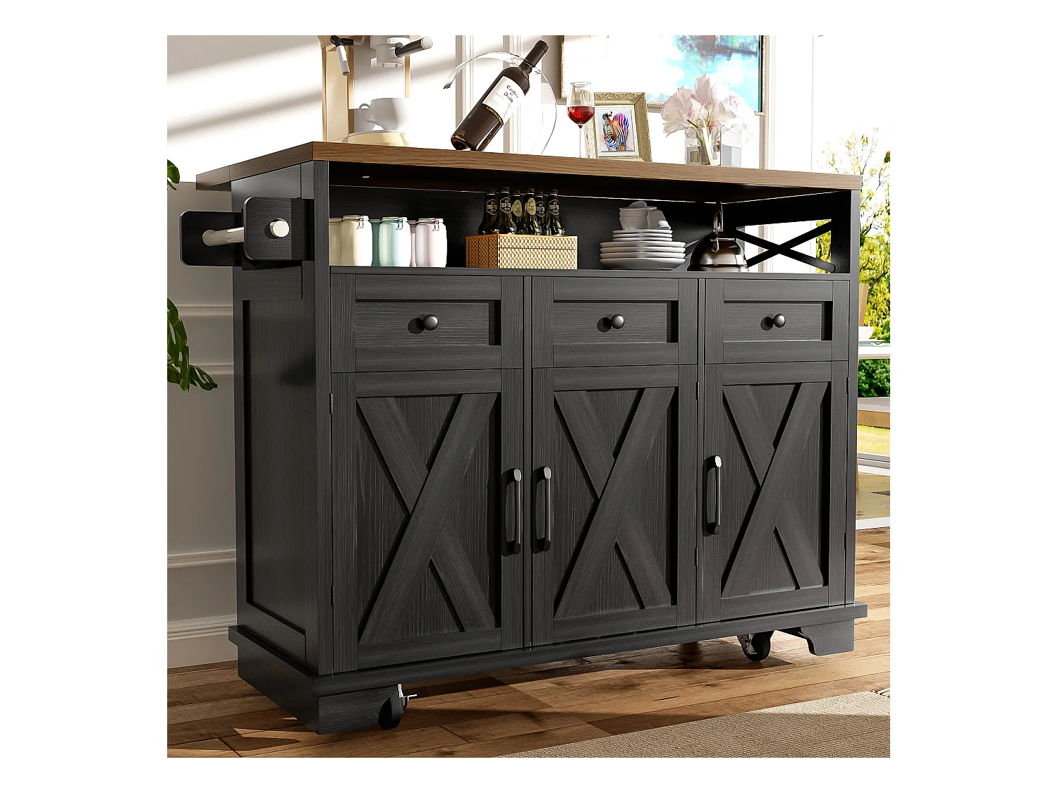 Ilot central de cuisine mobile avec 3 tiroirs, 3 portes et compartiment - 118 x 43/80 x 98 cm - MDF et métal - Noir