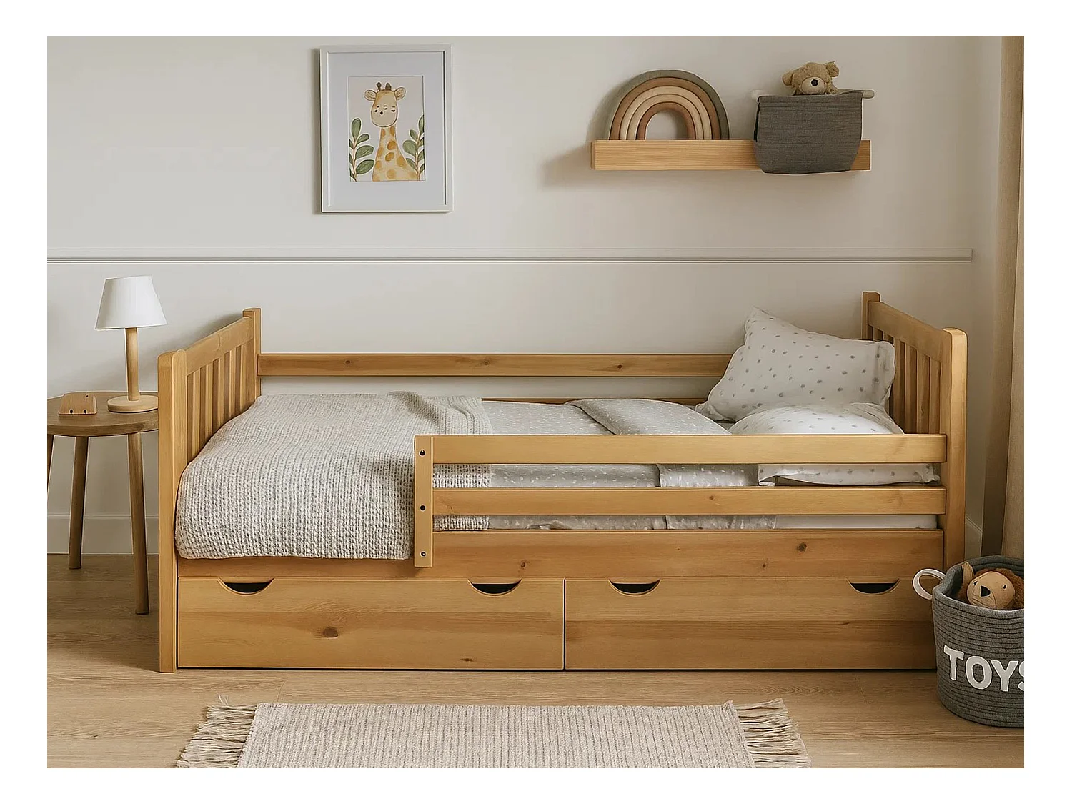 Tina 90x200 lit enfant en bois avec tiroirs, couleur chêne