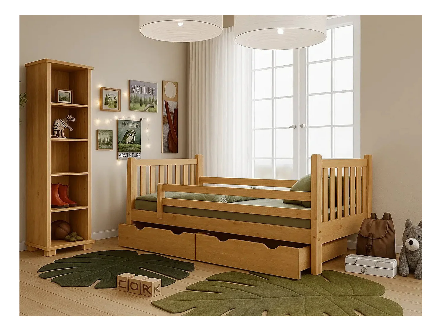 Tina 90x200 lit enfant en bois avec tiroirs, couleur chêne