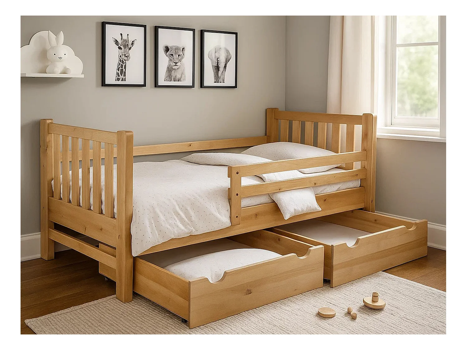 Tina 90x200 lit enfant en bois avec tiroirs, couleur chêne