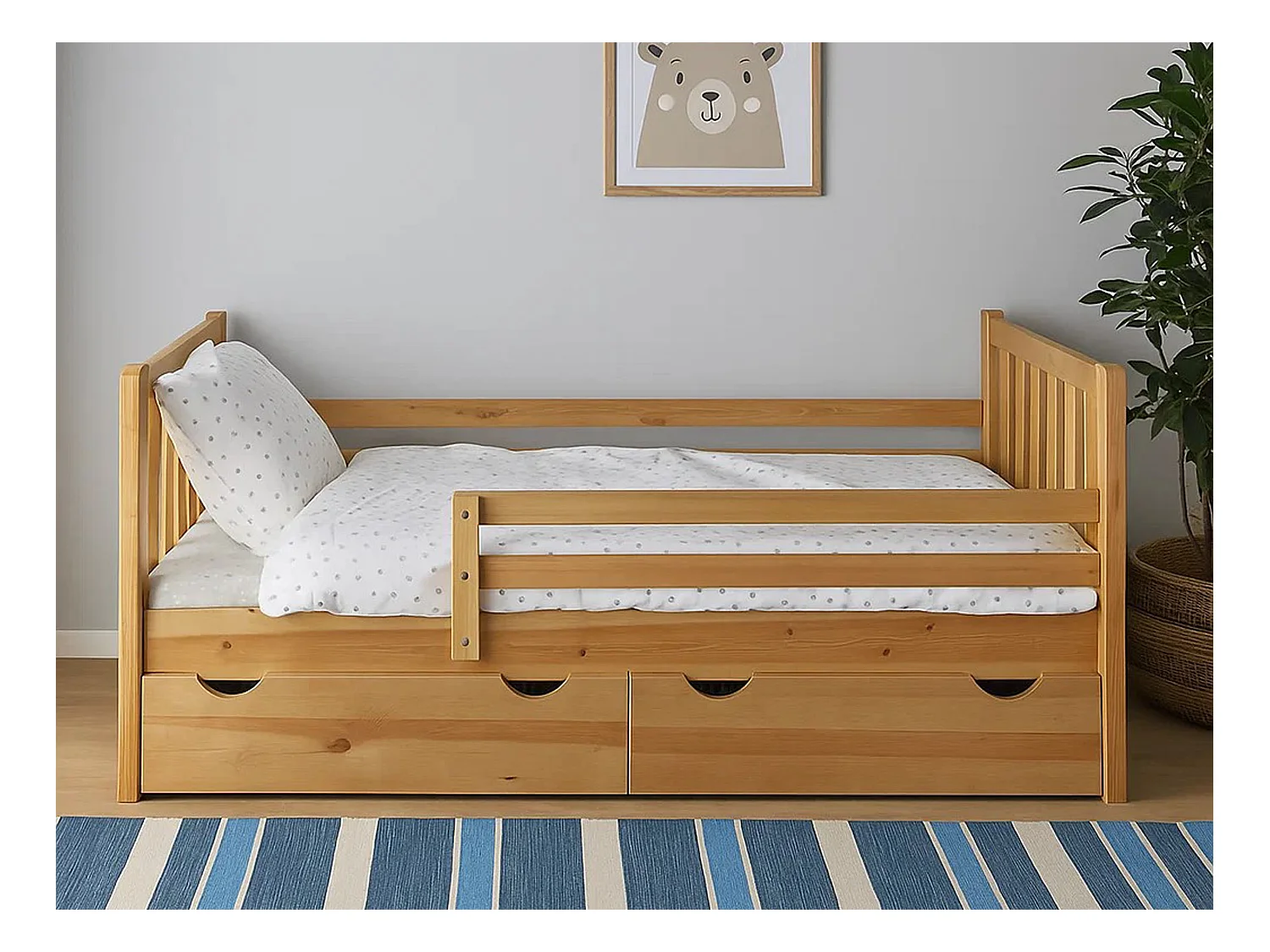 Tina 90x200 lit enfant en bois avec tiroirs, couleur chêne