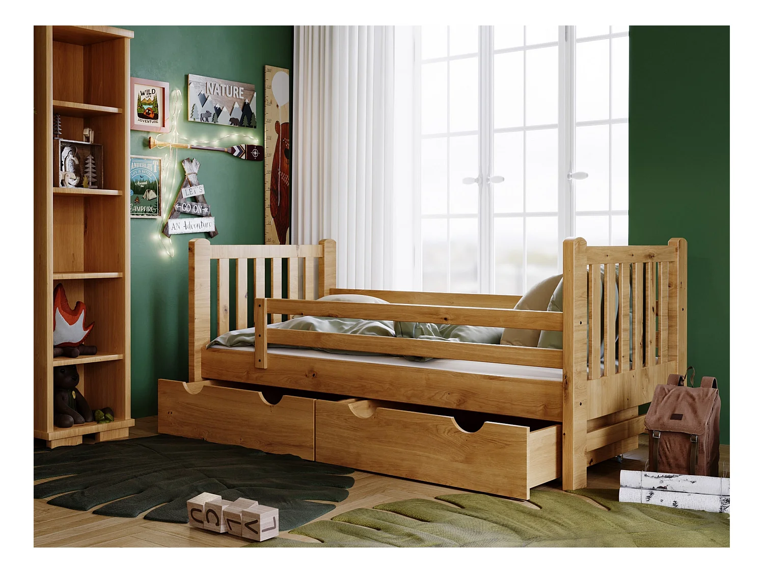 Tina 90x200 lit enfant en bois avec tiroirs, couleur chêne