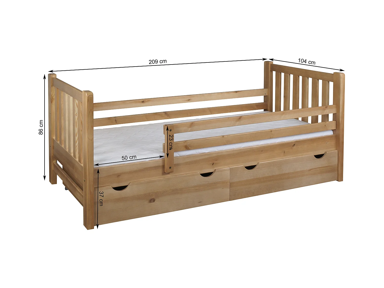 Tina 90x200 lit enfant en bois avec tiroirs, couleur chêne